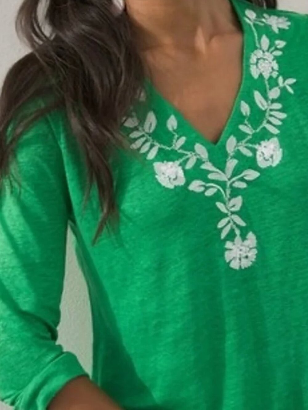 Chico's Embroidered Linen 3/4 Sleeve Tunic Women's Medium Green Floral - Picture 2 of 10